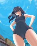  amagami ayatsuji_tsukasa black_eyes black_hair blue_sky covered_navel day from_below hands_on_hips hekeniko long_hair looking_down one-piece_swimsuit sky smile solo steam swimsuit 