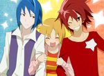  2boys agemaki_wako arm_grab blonde_hair blue_background blue_hair blush closed_eyes copyright_name grin multiple_boys one_eye_closed red red_background red_eyes red_hair shindou_sugata short_hair smile sparkle star star_driver striped tsunashi_takuto u-ka_(pixiv5407) yellow_background yellow_eyes 