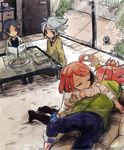  2girls bad_id bad_pixiv_id ball blue_hair casual drink food hasuike_an inazuma_eleven inazuma_eleven_(series) kurakake_clara living_room multiple_boys multiple_girls nagumo_haruya razico red_hair short_hair sleeping soccer_ball suzuno_fuusuke white_hair 