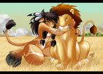  2006 anthro bovine breasts brown_hair chalo chest_tuft day fangs feline female feral furries_with_pets green_eyes hair hooves horns hug hunter lion looking_at_viewer male nude outside pet size_difference tail tauren twin_tails warcraft whiskers world_of_warcraft yellow_eyes 