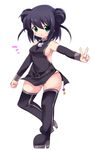  :o apple_inc. bad_id bad_pixiv_id black_hair breasts cellphone double_bun green_eyes iphone medium_breasts meiro_(yuu) original personification phone short_hair sideboob smartphone solo thighhighs v 