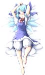  absurdres bad_id bad_pixiv_id barefoot bloomers blue_eyes blue_hair cirno highres lying revision short_hair solo toor_0111 touhou underwear wings 