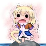  animal_ears blonde_hair blush cat_ears cat_tail chibi extra_ears fang hoshizuki_(seigetsu) kemonomimi_mode mizuhashi_parsee open_mouth pointy_ears puru-see rock scarf short_hair solid_circle_eyes solo standing standing_on_one_leg tail touhou trapped trembling water 