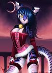  2011 bell blue blue_hair bow breasts cleavage collar corset feline female gloves hair long_hair looking_at_viewer night one_eye_closed skimpy solo standing stockings stripes tail tailsrulz tiger underwear yellow_eyes 