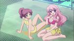  2girls baka_to_test_to_shoukanjuu bikini blush cap himeji_mizuki legs long_hair pink_hair shimada_minami smile swimsuit thighs 