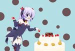  angel_mort blush bow cake cream_puff food fruit hair_bow hanyuu happy_birthday hatchet higurashi_no_naku_koro_ni horns lila_(artist) nose_hatchet polka_dot polka_dot_background purple_eyes purple_hair solo strawberry thighhighs 