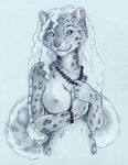  beads bracelet breasts bust dawa feline female green_eyes hair jewelry long_hair necklace nude piercing sara_palmer snow_leopard solo topless unknown_artist white_hair 