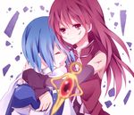  alternate_hairstyle bad_id bad_pixiv_id bare_shoulders blue_hair blurry cape closed_eyes depth_of_field detached_sleeves hug kouko long_hair magical_girl mahou_shoujo_madoka_magica miki_sayaka multiple_girls red_eyes red_hair sakura_kyouko short_hair smile spoilers 