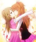  blush brown_eyes brown_hair closed_eyes flower half_updo houjou_hibiki hug isya kiss long_hair minamino_kanade multiple_girls orange_hair precure profile suite_precure two_side_up yuri 