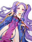  1girl blue_bow blush bow breasts chinese_clothes cleavage fate/grand_order fate_(series) hair_ornament hair_scrunchie hakka_(88hk88) licking_lips long_hair purple_eyes purple_hair scrunchie sidelocks simple_background smile solo tongue tongue_out twintails very_long_hair white_background wu_zetian_(fate/grand_order) yellow_scrunchie 