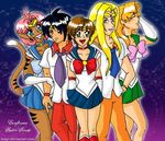  2boys 3girls allen_schezar animal_ears arm_grab bishoujo_senshi_sailor_moon black_hair blonde_hair blue_eyes boots brown_hair cat_ears cat_tail catgirl choker circlet cosplay elbow_gloves eyes_closed gloves green_eyes hand_on_head hand_on_hip happy kanzaki_hitomi legs long_hair merle millerna_aston necktie open_mouth pants parody pink_hair purple red_eyes ribbon sailor_jupiter sailor_mars sailor_mercury sailor_moon sailor_suit sailor_venus short_hair skirt smile tail tenkuu_no_escaflowne tiara van_fanel wristband 