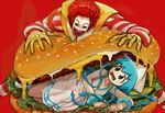  1girl 27_degrees blue_hair bracelet clown crossover food hamburger hat horror_(theme) ikamusume in_food jewelry long_hair mcdonald's oversized_food oversized_object red_hair ronald_mcdonald shinryaku!_ikamusume tentacle_hair you_gonna_get_eaten 