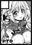  black_border border breasts charlotte_dunois circle_cut greyscale infinite_stratos jewelry large_breasts monochrome pendant pilot_suit ponytail shirt_lift solo tatsuhiko 