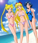  aino_minako beach bikini bishoujo_senshi_sailor_moon black_hair blonde_hair blue_eyes bow breasts cleavage day gentoku highleg highleg_swimsuit highres lens_flare long_hair long_legs magical_girl mizuno_ami multiple_girls one-piece_swimsuit red_bow small_breasts swimsuit tsukino_usagi 