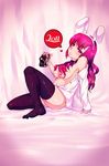  animal_ears arm_support black_legwear bunny_ears camera fake_animal_ears hair_censor hair_over_breasts heart long_hair nekohige open_clothes open_shirt original pink_eyes pink_hair shirt solo thighhighs 