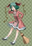  animal_ears bamboo_broom blush_stickers bobby_socks broom checkered checkered_background dress fang green_eyes green_hair hand_on_hip kasodani_kyouko kingin musical_note open_mouth short_hair shouting socks solo touhou translated 