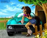  &lt;3 2006 anthro brown_eyes car clothing cutoffs denim_shorts detailed_background equine feathering female hooves horse looking_at_viewer looking_back magolobo mammal mustang piercing pose shorts solo standing tail_clothing tomboy 