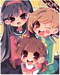  amagi_yukiko black_hair blush brown_eyes brown_hair dangomushi doujima_nanako grey_eyes jacket long_hair multiple_girls persona persona_4 satonaka_chie short_hair twintails 