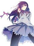  akemi_homura glasses highres holding holding_eyewear long_hair mahou_shoujo_madoka_magica pantyhose purple_eyes purple_hair red-framed_eyewear school_uniform skirt solo spoilers tanabe_kyou 