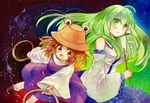  bad_id bad_pixiv_id blonde_hair blush frog gohei green_eyes green_hair hair_ornament hanekoto hat kochiya_sanae moriya's_iron_rings moriya_suwako multiple_girls short_hair snake thighhighs touhou traditional_media white_legwear yellow_eyes 