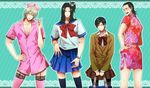  4boys bag black_hair blonde_hair blush bow bracelet china_dress chinese_clothes cigarette crossdressing dress embarrassed fishnet_legwear fishnet_stockings fishnets footwear gantz hair_tie hand_on_hip hikawa hips izumi_shion jewelry kato_masaru legwear long_hair long_socks male male_focus masaru_kato multiple_boys nishi_joichiro nishi_jouichirou nurse panda school_uniform short_hair skirt socks thighhighs 