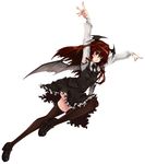  arms_up bat_wings head_wings jumping koakuma koge-owl loafers long_hair outstretched_arms red_eyes red_hair shoes solo thighhighs touhou wings 