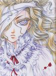  artbook bandage_over_one_eye blonde_hair blood blood_stain character_request close-up colored_eyelashes copyright_request eyelashes face frills kisaragi_hirotaka lavender_eyes lips long_hair marker_(medium) scan solo traditional_media wavy_hair 