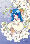  absurdres ahoge animal_ears barefoot bili_girl_22 bilibili_douga blue_hair dress flower hair_ornament highres paws red_eyes shirou_kamui_(yu_kanda) signature solo 