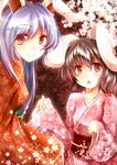  alternate_costume animal_ears black_hair brown_eyes bunny_ears cherry_blossoms inaba_tewi japanese_clothes kimono light_smile long_hair multiple_girls purple_hair red_eyes reisen_udongein_inaba shirayuki_mutsumi short_hair touhou 