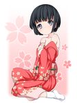  :o bare_shoulders black_hair blue_eyes blush bob_cut cherry_blossoms floral_print flower highres ikoku_meiro_no_croisee japanese_clothes kimono obi off_shoulder sash short_hair shouji_ayumu sitting solo tabi yune_(ikoku_meiro_no_croisee) 