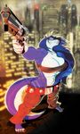  abs anthro biceps big_breasts blue blue_fur blue_hair breasts canine ce-rap female fur gun hair hi_res hopey magnum mammal muscles muscular_female pistol pose ranged_weapon revolver solo standing tail weapon wolf 