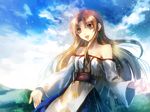  arc_the_lad bad_id bad_pixiv_id bare_shoulders brown_eyes brown_hair cloud lieza long_hair noki_(affabile) open_mouth sky smile solo 