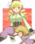  beret blonde_hair breasts corset detached_sleeves drill_hair gloves hat large_breasts magical_girl mahou_shoujo_madoka_magica official_style panties ribbon skirt solo thighhighs tomoe_mami tondabayashi twin_drills twintails underwear upskirt yellow_eyes yellow_skirt 