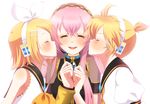  2girls blonde_hair cheek_kiss double_cheek_kiss hair_ornament hair_ribbon hairclip headphones headset kagamine_len kagamine_rin kiss long_hair megurine_luka multiple_girls pink_hair ribbon sandwiched short_hair smile vocaloid yunca 