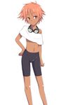  bike_shorts brown_eyes cowboy_bebop edward_wong_hau_pepelu_tivrusky_iv goggles goggles_around_neck hand_on_hip level.21 light_smile midriff off_shoulder red_hair short_hair simple_background solo tan white_background 