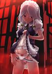  bad_id bad_pixiv_id blue_eyes blush braid breasts cutting highres izayoi_sakuya knife maid_headdress medium_breasts musen-shiki_sanhankikan navel panties pussy short_hair silver_hair skirt skirt_lift solo sweat torn_clothes torn_panties touhou twin_braids underwear 