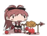  aoki_ume_(style) apple campfire chibi denden fire food fruit hidamari_sketch kyubey mahou_shoujo_madoka_magica parody ponytail red_hair sakura_kyouko simple_background sitting style_parody taiyaki wagashi wide_face ||_|| 