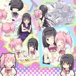  afro akemi_homura black_hair bracelet chopsticks closed_eyes connect_(madoka_magica) dress hair_ribbon holding_hands imagining jewelry kaname_madoka kyubey long_hair mahou_shoujo_madoka_magica manly mitakihara_school_uniform multiple_girls muscle o_o obentou pink_hair purple_eyes ribbon sakusaku school_uniform short_hair short_twintails smile twintails yuri 