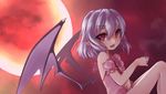  adapted_costume bare_shoulders bat_wings cup full_moon halfway moon night no_hat no_headwear open_mouth pointy_ears purple_hair red_eyes red_moon red_sky remilia_scarlet short_hair sky smile solo teacup touhou wings 