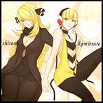  blonde_hair breasts brown_eyes cleavage green_eyes hair_ornament hair_over_one_eye hamming headphones kamitsure_(pokemon) medium_breasts multiple_girls navel pantyhose pokemon pokemon_(game) pokemon_bw pokemon_dppt shirona_(pokemon) small_breasts underboob 