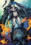  absurdres belt bikini_top black_hair black_rock_shooter black_rock_shooter_(character) blue_eyes boots burning_eye chain gloves glowing highres lips long_hair midriff pony_(artist) scar signature skull solo twintails 