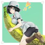  ass banana bike_shorts black_hair blue_eyes blush boots breasts food fruit gears green_eyes hat heart highres holding holding_food holding_fruit kanata_(kanata_onion) large_breasts light_smile looking_back object_hug on_banana oversized_food oversized_object shiina_mayuri short_hair solo steins;gate 