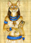  ankh bastet cat deity egyptian feline female goddess heather_bruton midriff papyrus piercing sistrum solo 