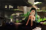  alphonse_(white_datura) barefoot derivative_work dress grass green_eyes green_hair hatsune_miku headphones long_hair long_legs ruins sitting smile solo television twintails very_long_hair vocaloid 