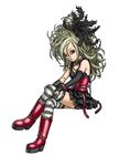  big_hair blonde_hair boots collar corset crossed_legs dragon_quest dragon_quest_swords feathers frills full_body hair_feathers highres jewelry necklace official_art setia simple_background sitting skirt solo spiked_collar spikes striped striped_legwear thighhighs toriyama_akira 