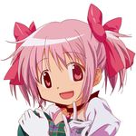  :d \n/ bangs blush bow choker crossed_arms derivative_work gloves hair_bow happy heart heart_pillow highres jewelry kaname_madoka looking_at_viewer magical_girl mahou_shoujo_madoka_magica oekaki open_mouth pendant pillow pillow_hug pink_eyes pink_hair plaid portrait puffy_sleeves red_choker ribbon ribbon_choker short_hair short_twintails simple_background smile solo tenton twintails white_gloves 