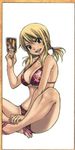  bikini blonde_hair breasts brown_eyes card cleavage crossed_legs fairy_tail heart heart_print holding holding_card indian_style large_breasts legs lucy_heartfilia mashima_hiro nail_polish official_art print_bikini sandals sitting solo swimsuit thighs underboob 