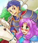  1girl axe blush circlet fingerless_gloves fire_emblem fire_emblem:_rekka_no_ken florina gloves green_eyes hector_(fire_emblem) height_difference horse maruchi_(zens24) petting purple_hair sweatdrop weapon 