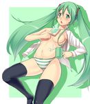  abe_(roiz) bad_id bad_pixiv_id blush breasts cup food green_eyes green_hair hatsune_miku highres long_hair medium_breasts mug navel open_clothes open_shirt panties shirt solo striped striped_panties thighhighs toast twintails underwear very_long_hair vocaloid 