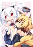  2girls animal_ears blonde_hair blush bowl brown_eyes chocolate fox_ears fox_tail licking multiple_girls multiple_tails original red_eyes reku sanbi_(reku) sexually_suggestive shiroko_(reku) silver_hair tail trembling wavy_mouth 